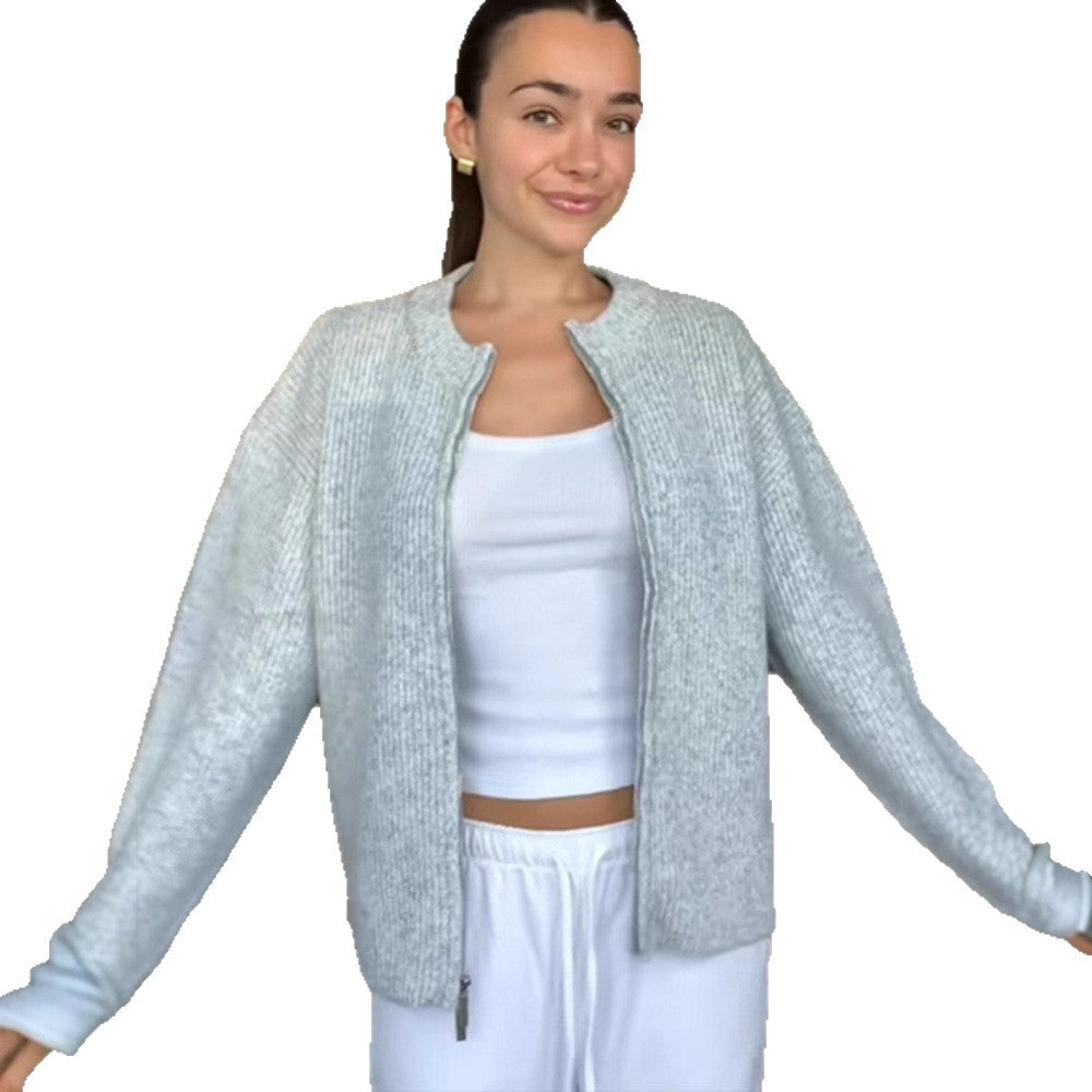Damen kuschelige Strickjacke mit hohem Kragen und Reißverschluss Drune