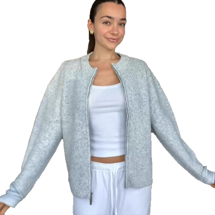 Damen kuschelige Strickjacke mit hohem Kragen und Reißverschluss Drune