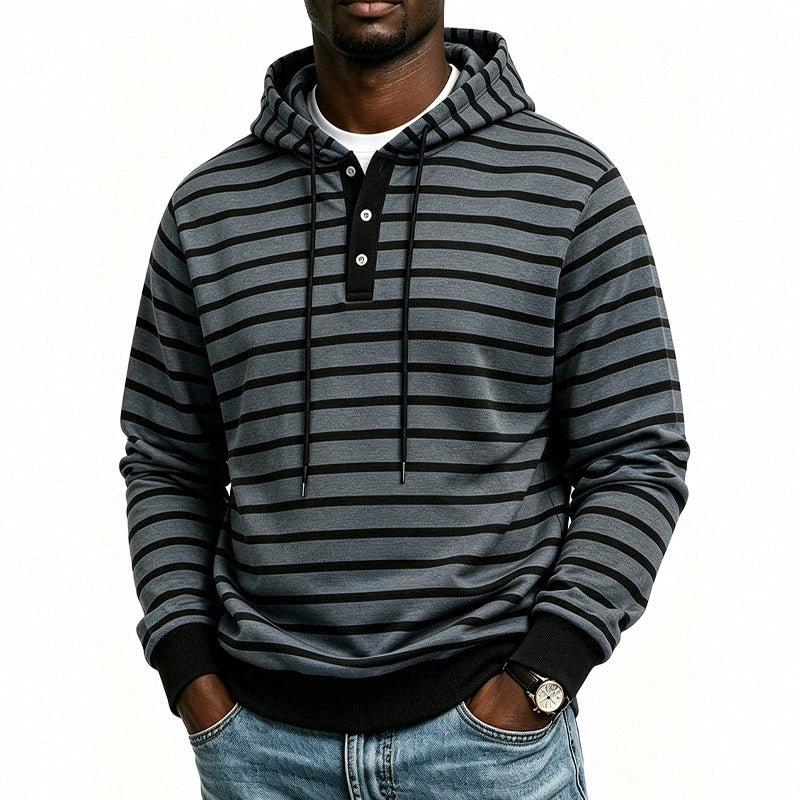 Herren Kapuzenpullover mit Henley-Knopfleiste und feinem Streifenstrukturmuster Drune