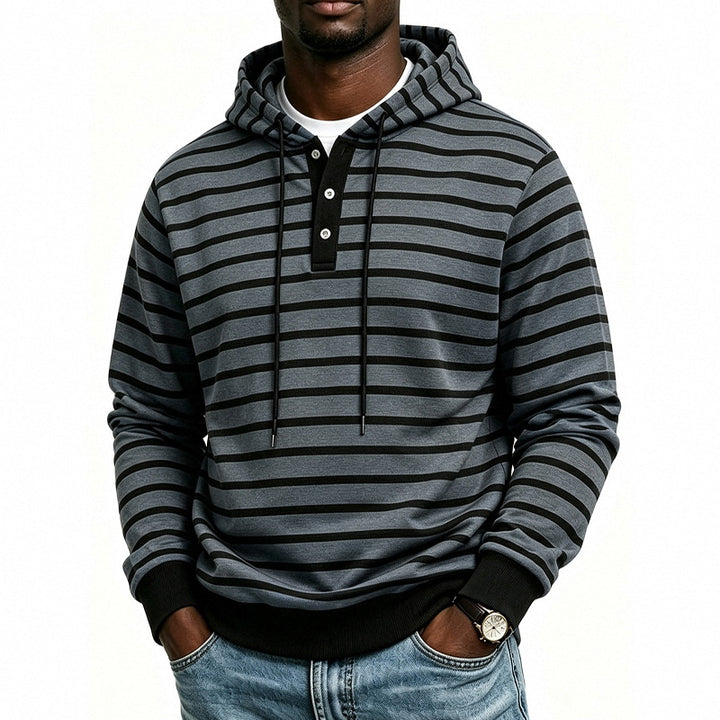Herren Kapuzenpullover mit Henley-Knopfleiste und feinem Streifenstrukturmuster Drune