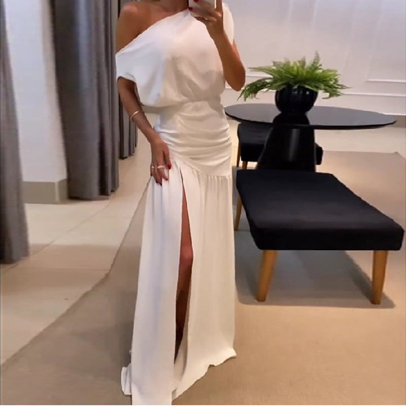 Damen schulterfreies Maxikleid mit fließendem Design und hohem Schlitz Drune