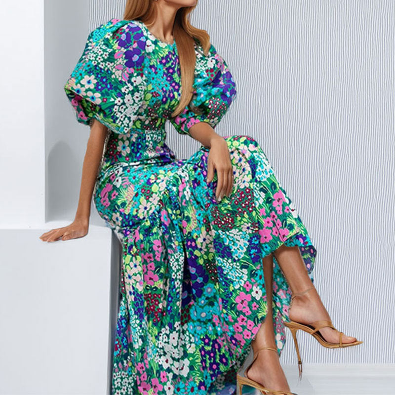 Damen Maxikleid mit voluminösen Puffärmeln und floralen Mustern Drune