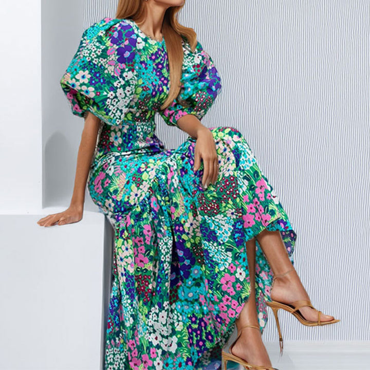 Damen Maxikleid mit voluminösen Puffärmeln und floralen Mustern Drune