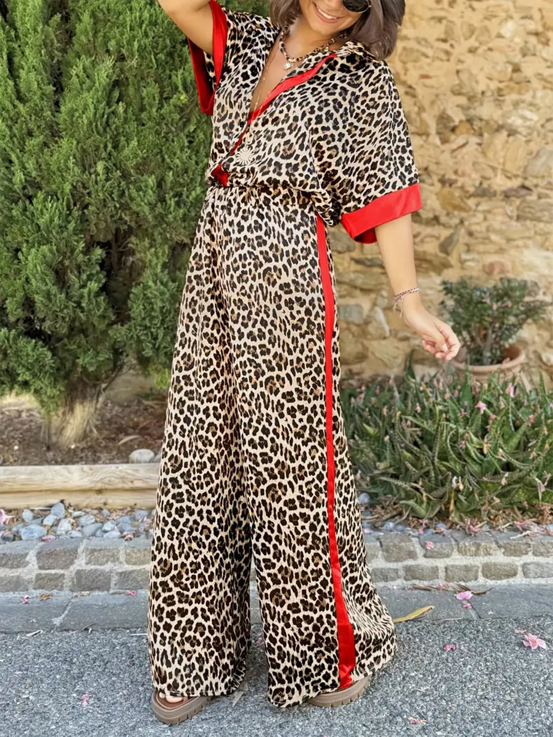 Damen elegante und bequeme Leinen-Jumpsuit mit Leopardenmuster und Kontraststreifen Drune