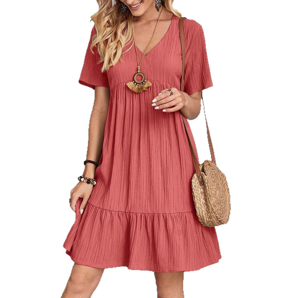 Damen nan Crinkle-Sommerkleid mit V-Ausschnitt, Empirenaht und Volant-Saum Drune
