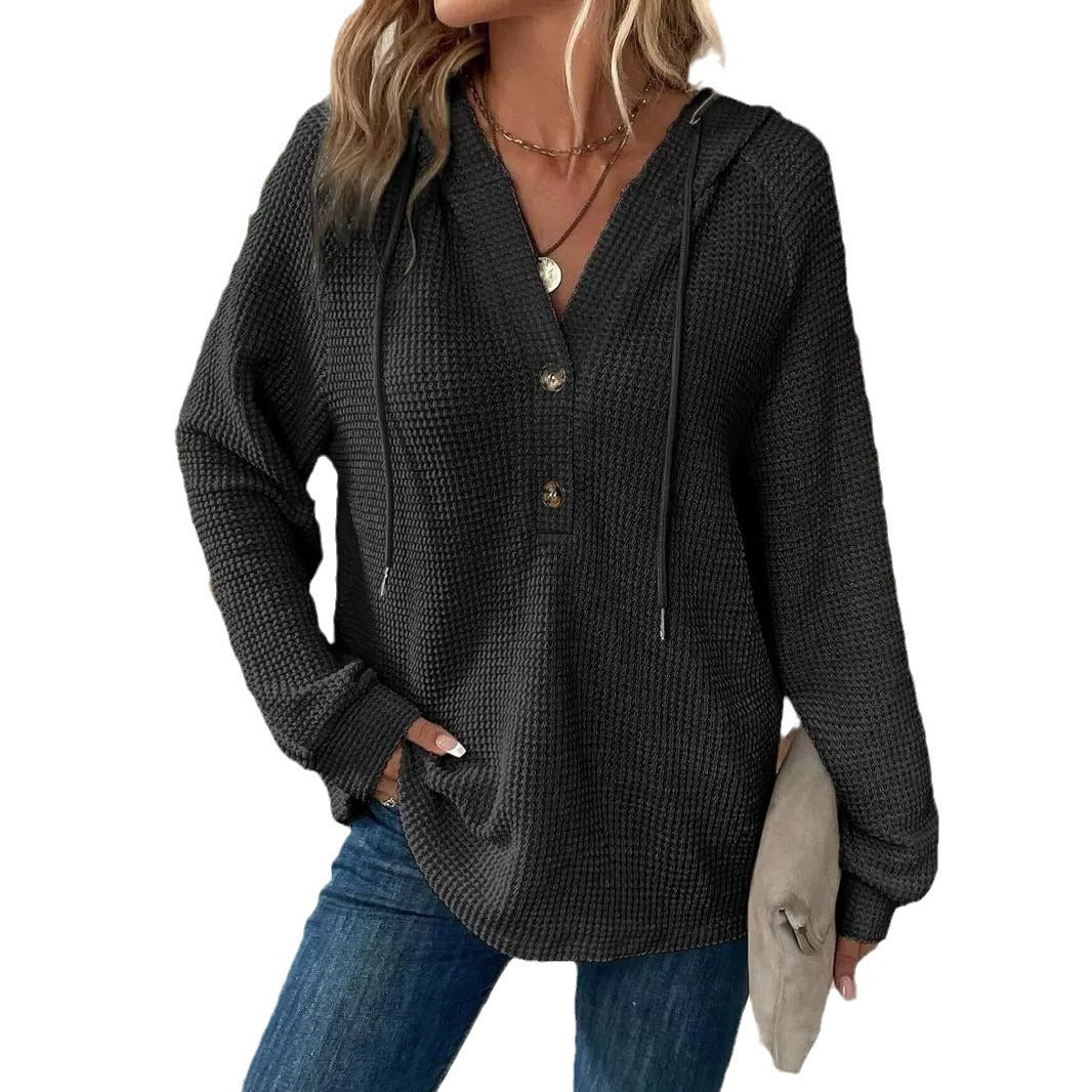 Damen gemütlicher Strickpullover mit Kapuze und Knopfleiste Drune
