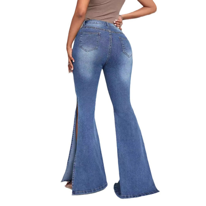 Damen elegante High-Waist Flared Jeans mit seitlichen Schlitzen Drune