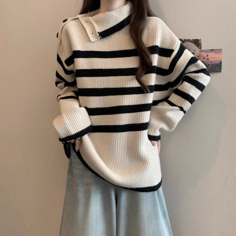 Damen Modischer Strickpullover mit asymmetrischem Kragen und Streifenmuster Drune