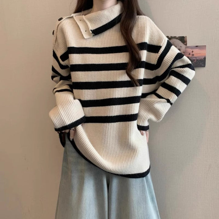 Damen Modischer Strickpullover mit asymmetrischem Kragen und Streifenmuster Drune