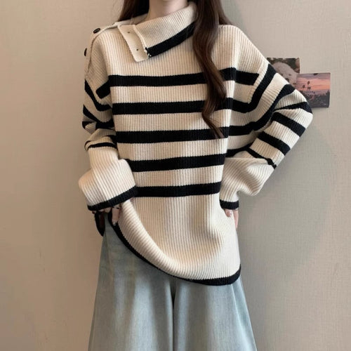 Damen Modischer Strickpullover mit asymmetrischem Kragen und Streifenmuster Drune
