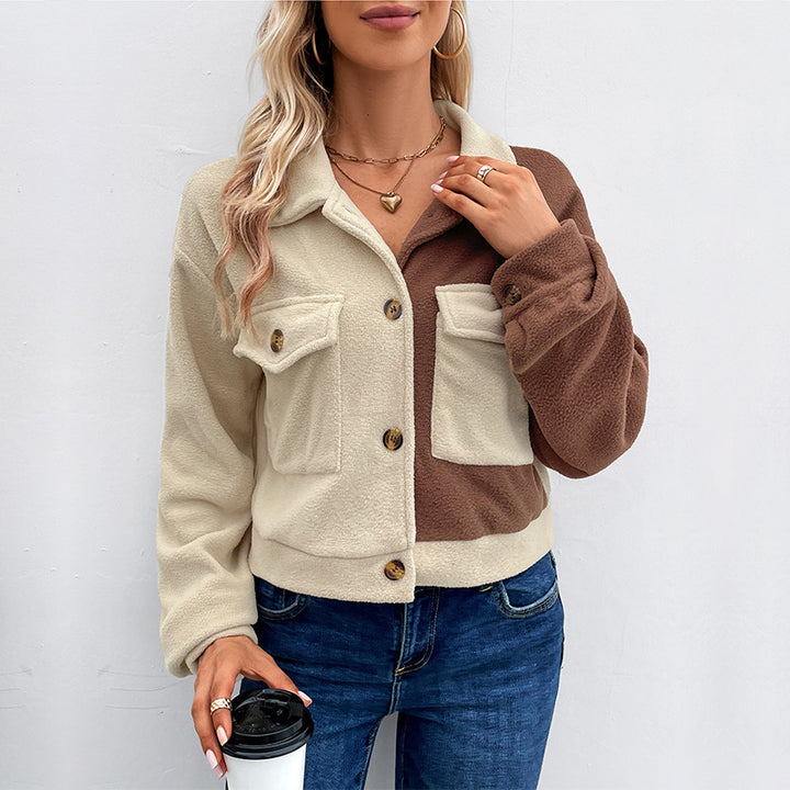 Damen Gekürzte Teddyjacke mit farbblockierten Ärmeln und Brusttaschen Drune
