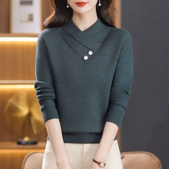 Damen eleganter Strickpullover mit schickem V-Ausschnitt und dekorativen Knopfdetails Drune