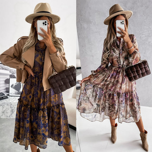 Damen Maxi-Kleid mit fließendem Rüschensaum und elegantem Druck Drune