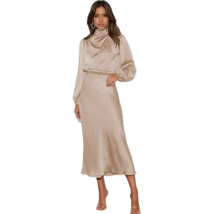 Damen Elegantes Satin-Midikleid mit Stehkragen, Blouson-Oberteil und fließendem Rock Drune