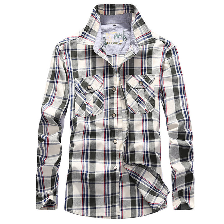 Herren Karierte Baumwoll-Flanell-Hemdjacke mit Brustpattentaschen und Hemdkragen Drune