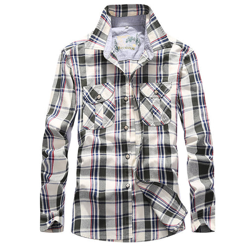 Herren Karierte Baumwoll-Flanell-Hemdjacke mit Brustpattentaschen und Hemdkragen Drune