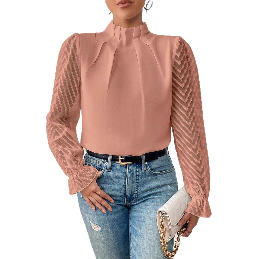 Damen elegante Bluse mit strukturierten Ärmeln und hohem Kragen Drune