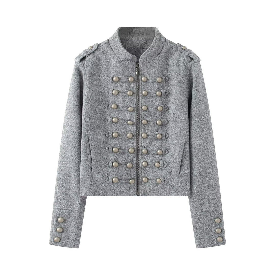 Damen Kurzgeschnittene Militärjacke mit Perlenbesatz und Stehkragen Drune