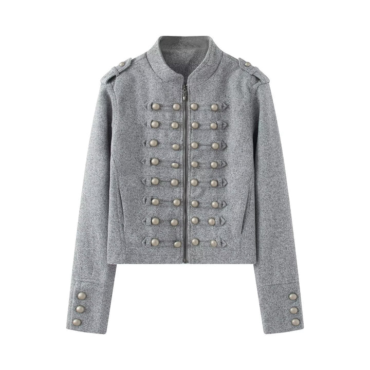 Damen Kurzgeschnittene Militärjacke mit Perlenbesatz und Stehkragen Drune