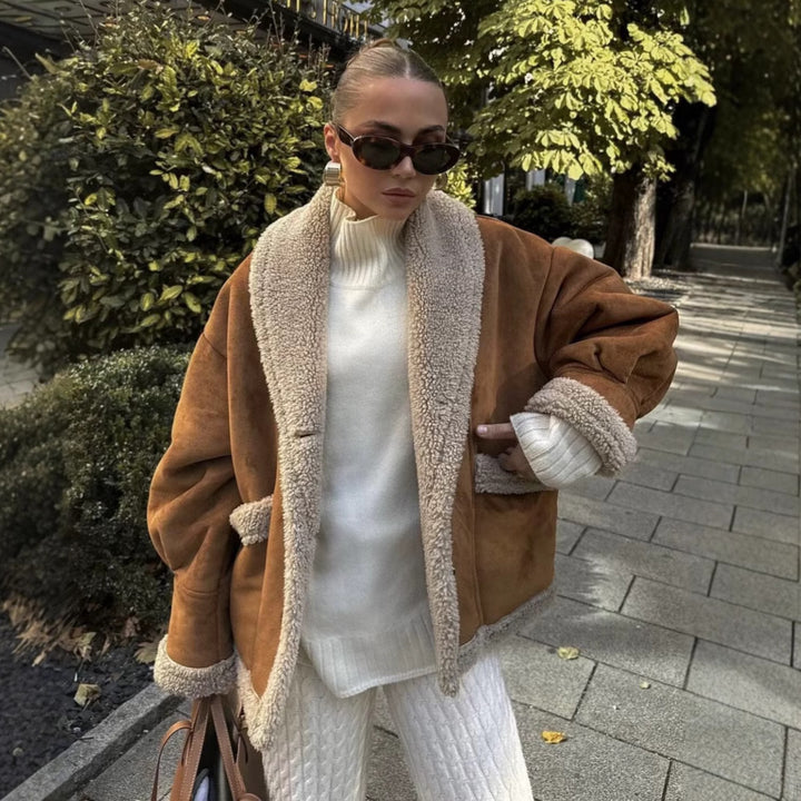 Damen kuschelige Jacke mit modernem Schalkragen und Taschen Drune