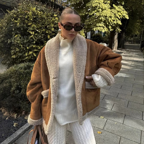 Damen kuschelige Jacke mit modernem Schalkragen und Taschen Drune