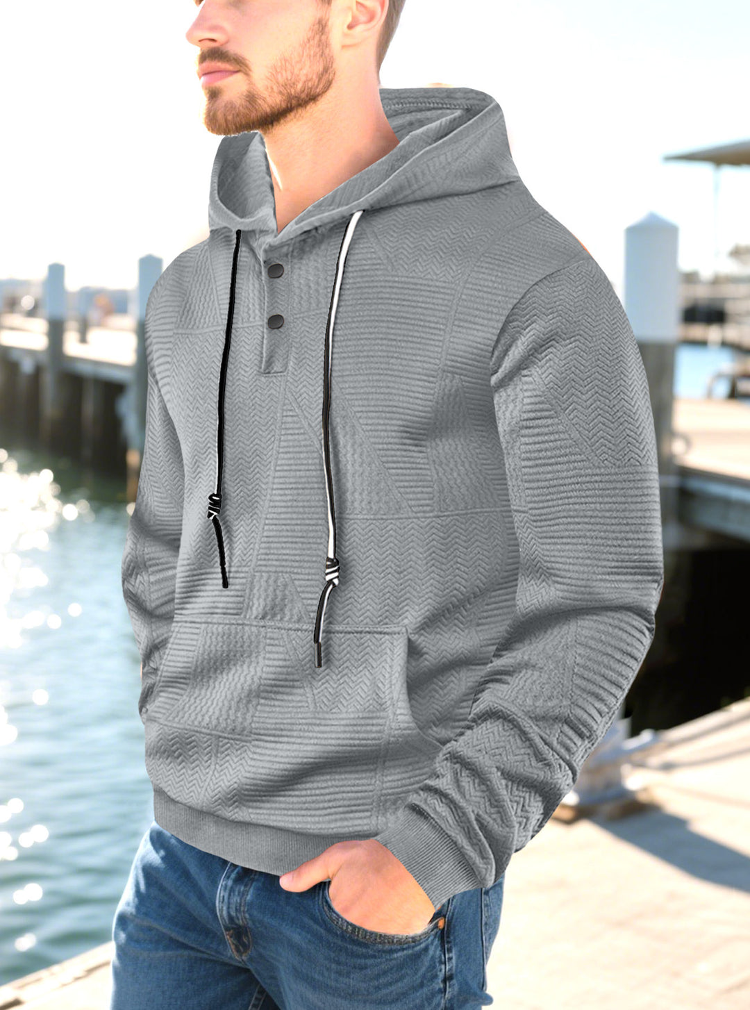 Herren nan geometrischer Struktur-Kapuzenpullover mit Henley-Blende und Kängurutasche Drune