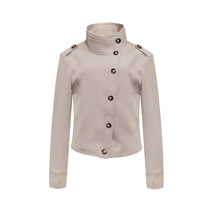 Damen Kurze Wolloptik-Militärjacke mit Stehkragen und asymmetrischer Knopfleiste Drune