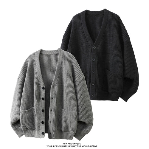 Unisex Oversize Grobstrick-Cardigan mit V-Ausschnitt, Knopfleiste und aufgesetzten Taschen Drune