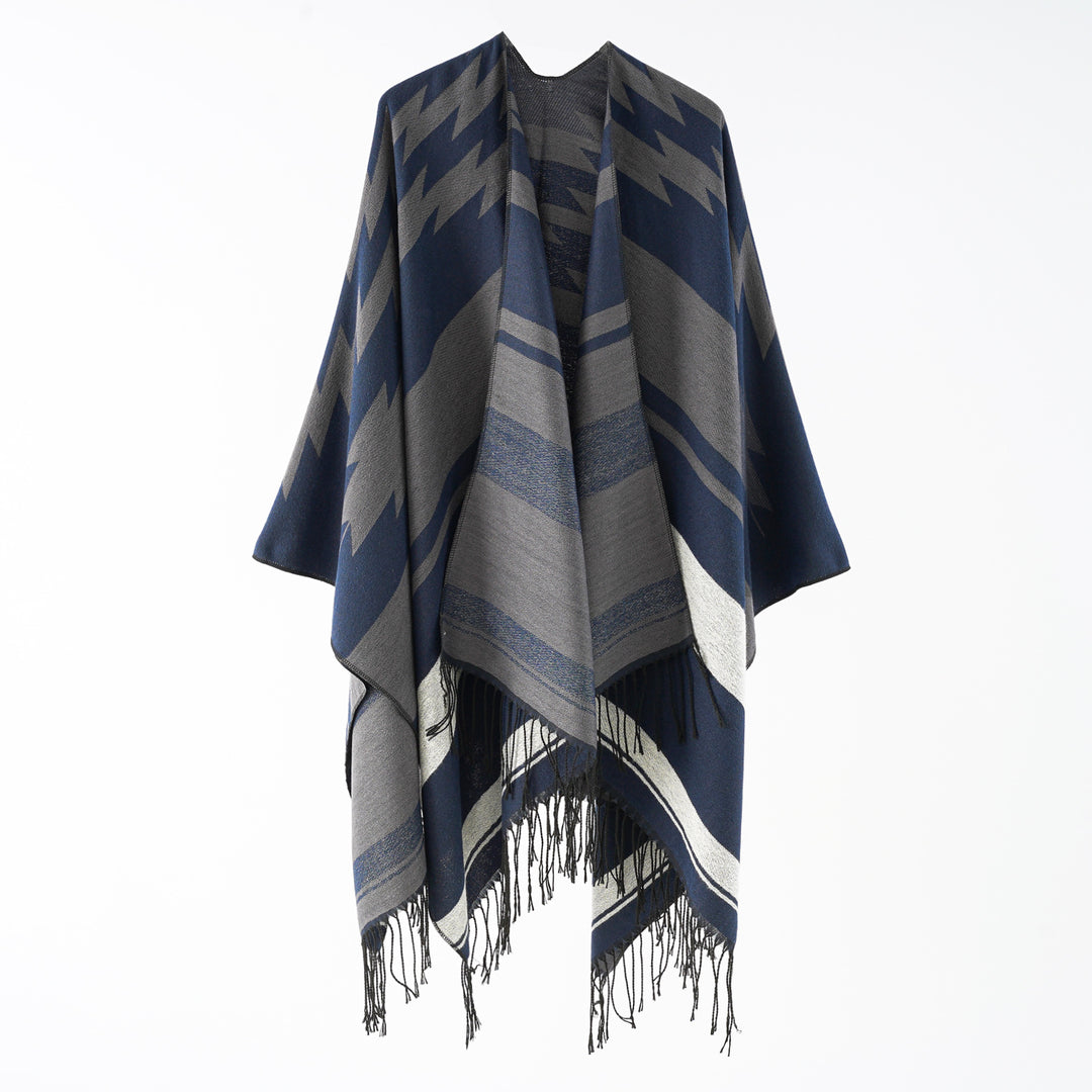 Damen Langer Reversfreier Webponcho im Umhangstil mit dezentem Zackenmuster und Fransensaum Drune