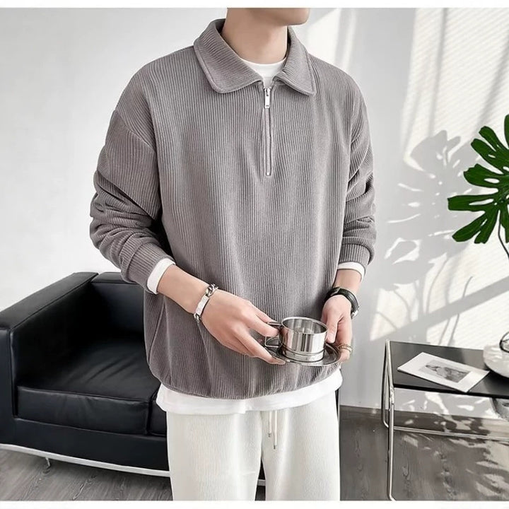 Herren Gerippter Pullover mit Halbreißverschluss und Polokragen Drune
