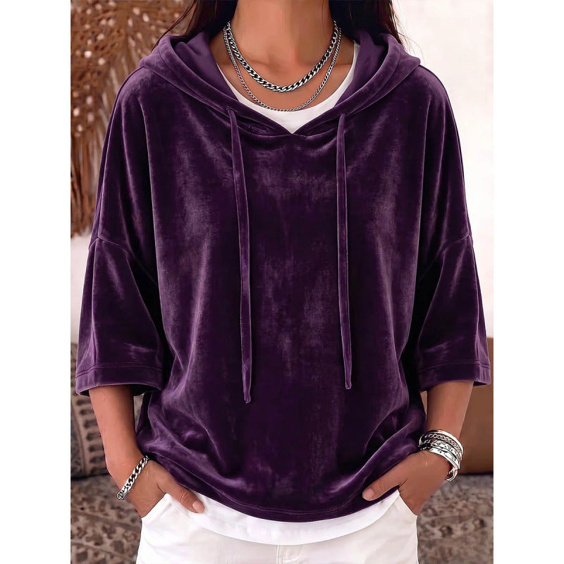 Damen Oversize Samt-Halbarm-Hoodie mit Kordelzug und Taschen Drune