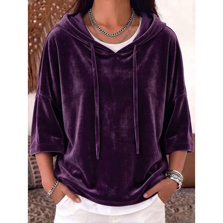 Damen Oversize Samt-Halbarm-Hoodie mit Kordelzug und Taschen Drune