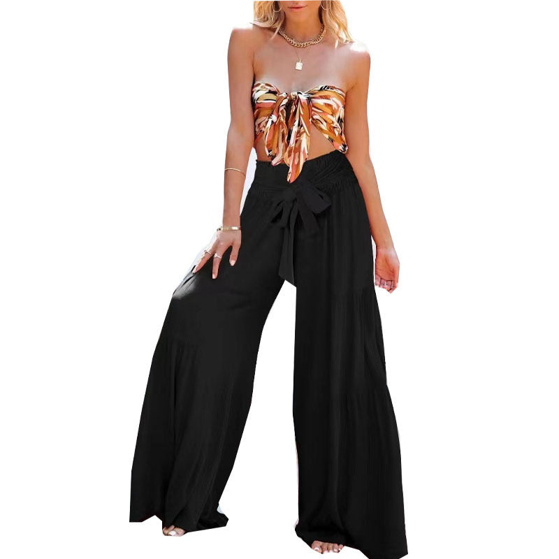 Damen weite High-Waist Hose mit eleganten Falten und Bindegürtel Drune
