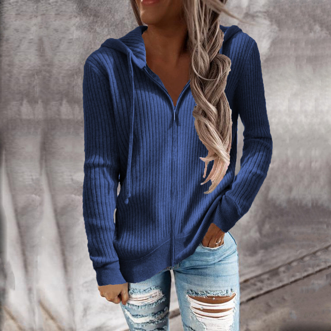 Damen Gerippter Kapuzenpullover mit Reißverschluss und Eingrifftaschen Drune