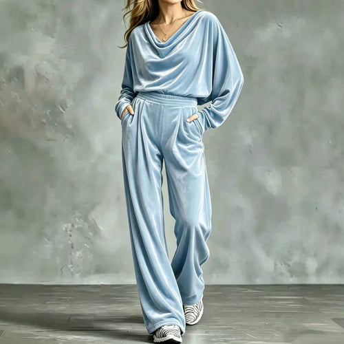 Damen Samt-Loungewear-Set mit Wasserfallkragen, weitem Palazzo-Schnitt und Eingrifftaschen Drune