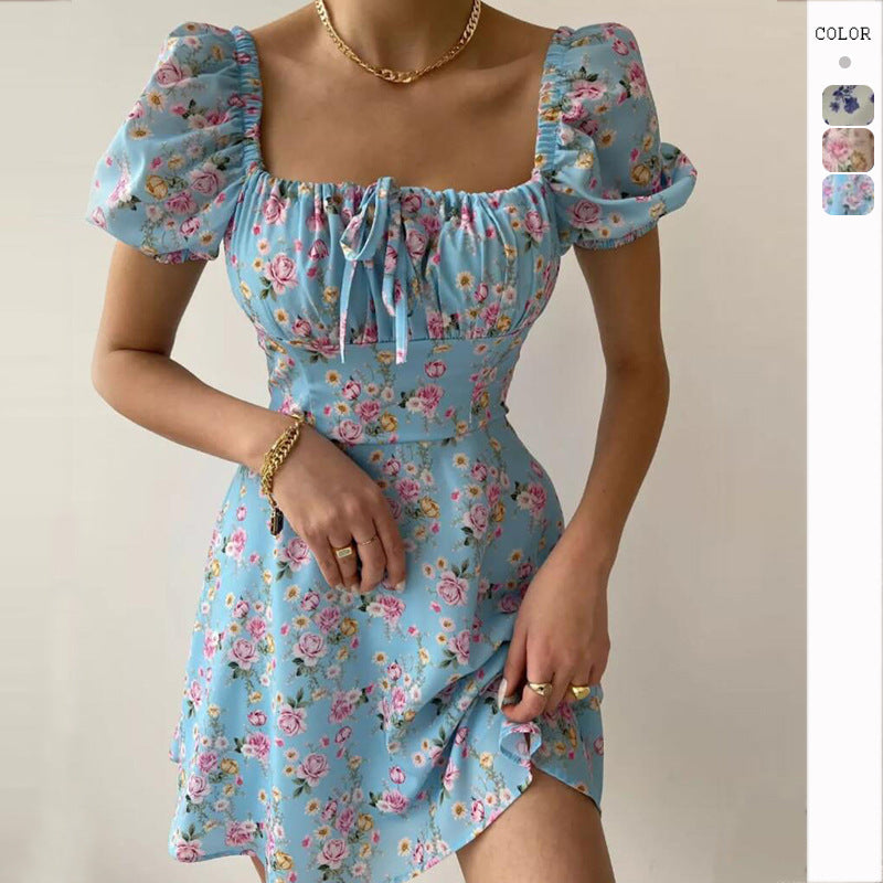 Damen Minikleid mit voluminösen Puffärmeln und floralem Muster Drune