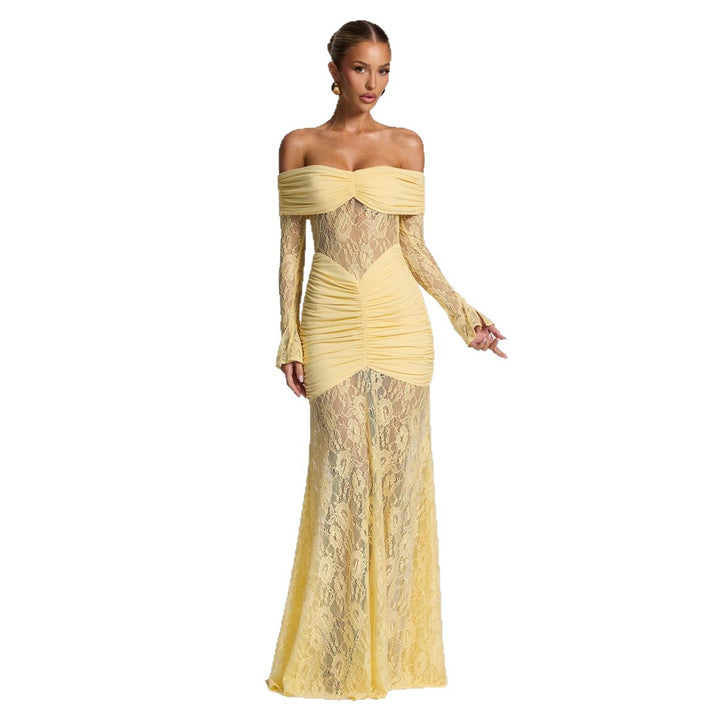 Damen elegantes Spitzenkleid mit Off-Shoulder-Ausschnitt und Raffungen Drune