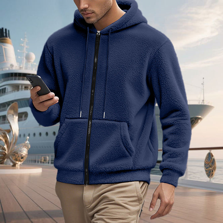 Herren Teddy-Fleece-Kapuzenjacke mit durchgehendem Reißverschluss und Kängurutaschen Drune