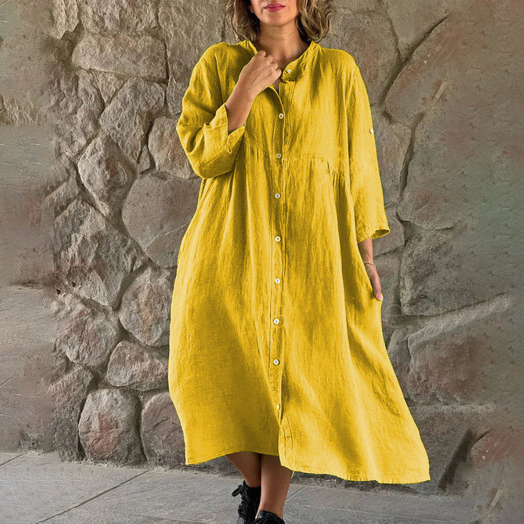 Damen Locker Midi Kleid aus Leinenmischung mit durchgehendem Knopfleiste und Seitentaschen Drune