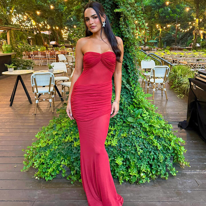 Damen Elegantes trägerloses Maxikleid mit raffiniertem Drapé und transparenten Einsätzen Drune