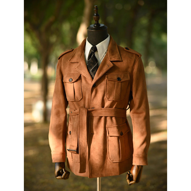 Herren Veloursleder-Safari-Jacke mit Taillengürtel und Pattentaschen Drune
