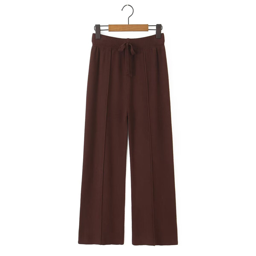 Damen weite Strickhose mit hoher Taille, sichtbarer Bügelfalte und Kordelzugbund Drune