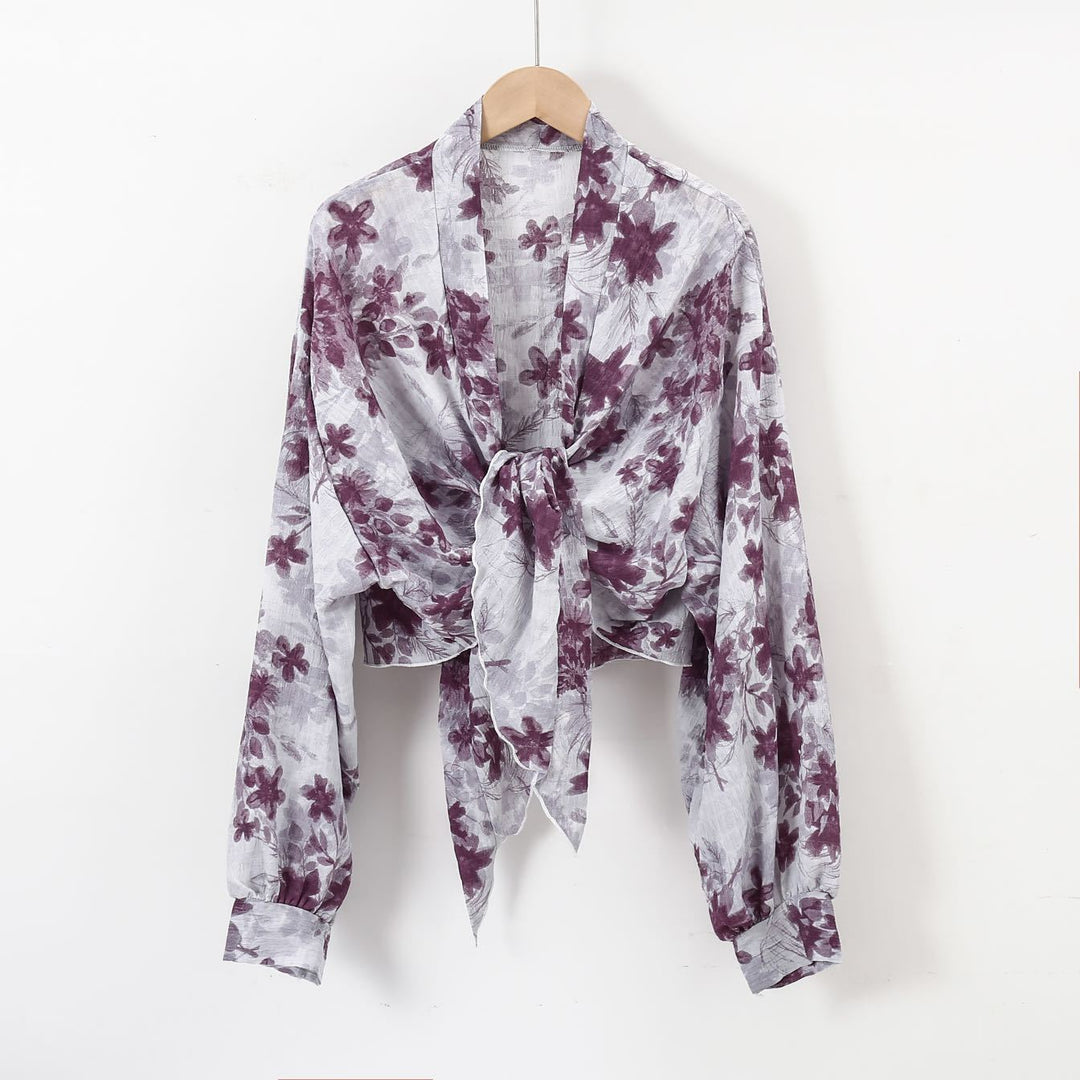 Damen nan florale Knoten-Bluse im Wickelstil mit Ballonärmeln und leichter Leinenoptik Drune