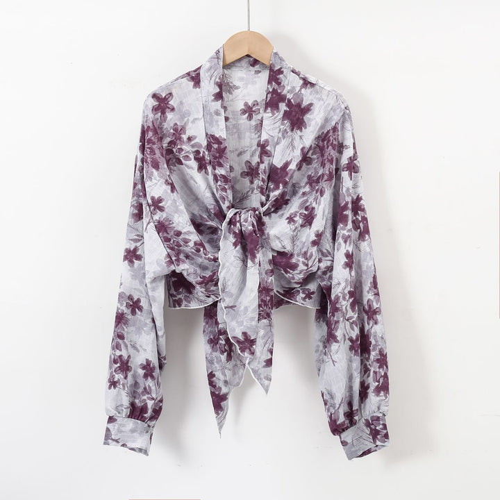 Damen nan florale Knoten-Bluse im Wickelstil mit Ballonärmeln und leichter Leinenoptik Drune