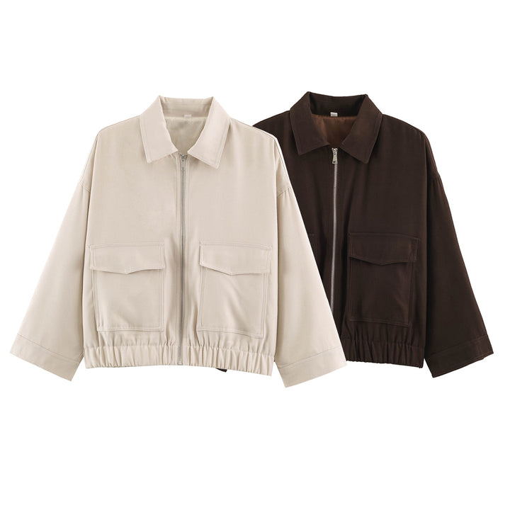 Damen Oversize Kurzjacke mit Metallreißverschluss, großen Pattentaschen und elastischem Saum Drune