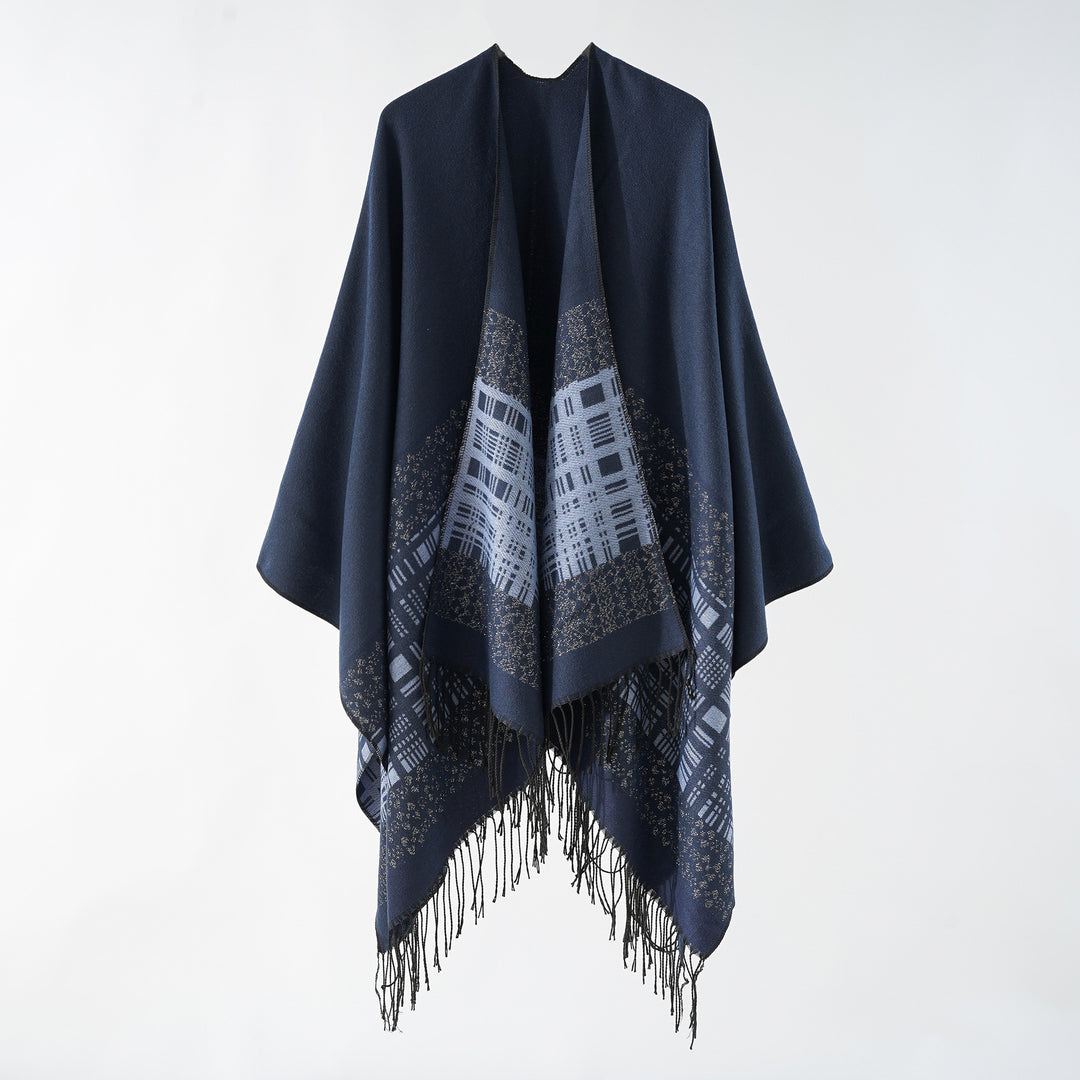 Damen Wollmix-Schulterponcho mit Jacquardmuster und Fransensaum Drune