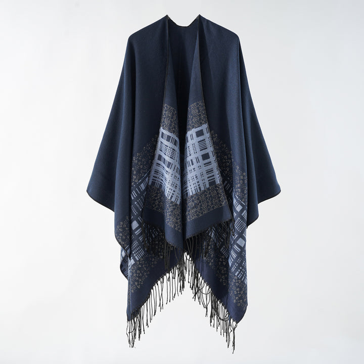 Damen Wollmix-Schulterponcho mit Jacquardmuster und Fransensaum Drune