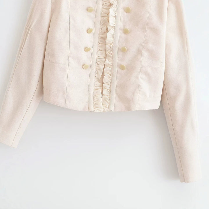 Damen Kurzjacke im militärischen Stil mit Rüschenfront und Stehkragen Drune
