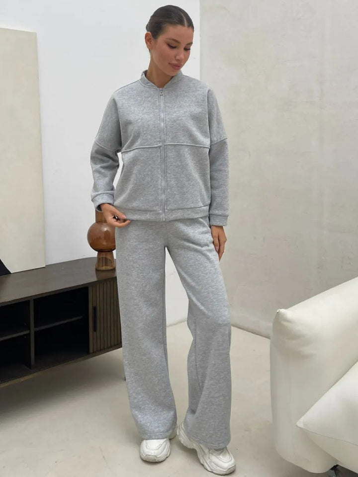 Damen lässiges Zip-Lounge-Set mit Stehkragen und weitem Highwaist-Joggpant Drune