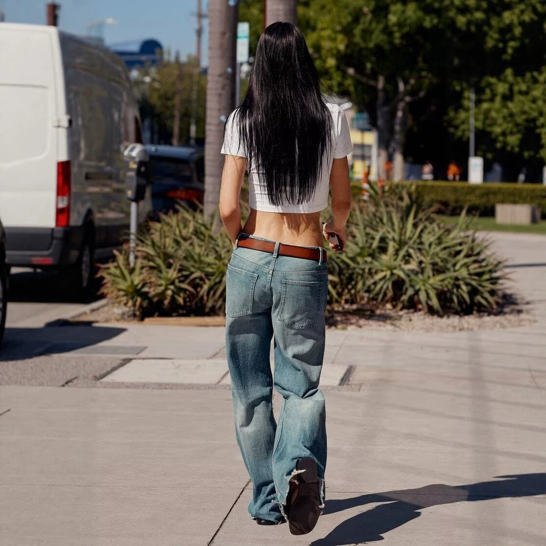 Damen High‑Waist Schlagjeans mit Destroy-Effekt und ausgefranstem Saum Drune